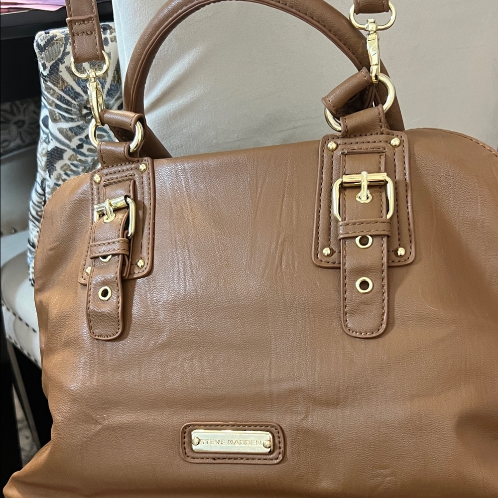 Steve Madden Brown, Gray, White Woven Handbag, Yellow Liner - NWOT Vegan Leather - Picture 3 of 8